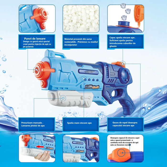 Pistol cu Apa pentru Copii, Rezervor, Pentru Piscina/Plaja, Flippy, 6ani+, Albastru, 900ML [7]
