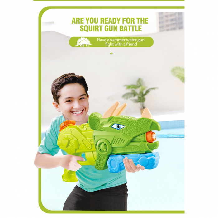 Pistol cu Apa pentru Copii, Rezervor, Pentru Piscina/Plaja, Flippy, 6ani+, Triceratops, 3 duze, Verde, 640ML [3]