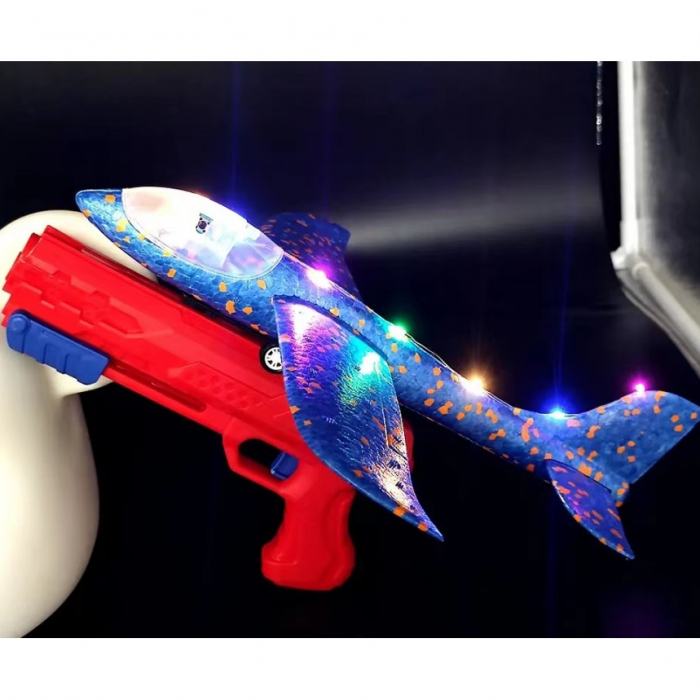 Pistol cu Lansator de Avion, Flippy, din Polistiren+Plastic, +3 Ani, Avion 38 cm, Lansare 10 m, cu Lumini si Roti, Rosu/Albastru [1]
