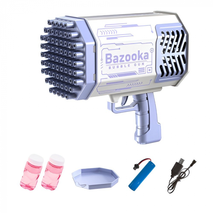 ! LICHIDARE DE STOC ! Pistol pentru Baloane de Sapun, Flippy, 69 de Gauri, Lumini Colorate, Tavita, Lichid, Baterie de Li, Cablu de Incarcare, 24cm x 14cm x 24cm, Mov [2]