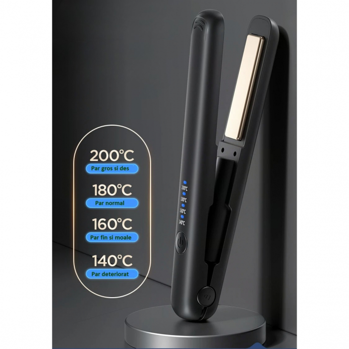 Lichidare Placa de Par fara Fir, Flippy, Adaptor Tip C, Tensiune 5V, Capacitate Baterie 3000 mAh, Indreptat, Ondulat, 4 Trepte de Temperatura, 21.8 x 3.1 x 3.4.1 cm, Negru [6]