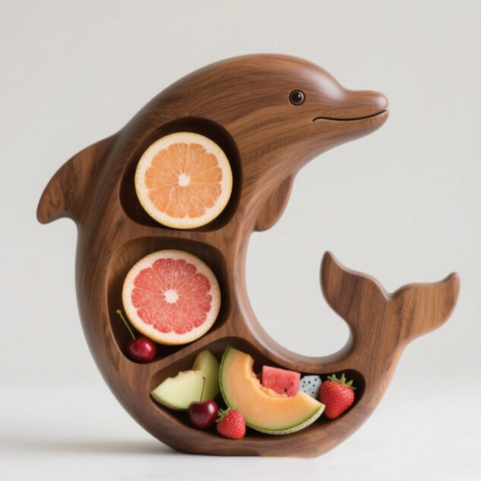 Platou pentru Servire, Flippy, in Forma de Delfin, 3 Compartimente pentru Mezeluri, Branzeturi, Snacksuri, Fructe, Design Artistic, din Lemn Masiv, 26 x 25 x 4 cm, Maro Natur [2]