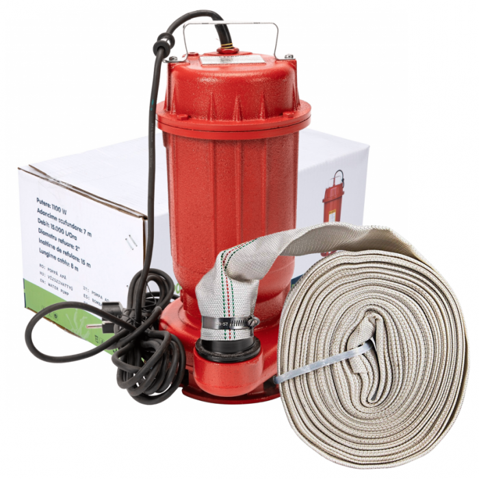 Pompa apa murdara din fonta rosie WQD10 fara plutitor, 1100 W + Furtun 2" 20 m pompier simplu [1]