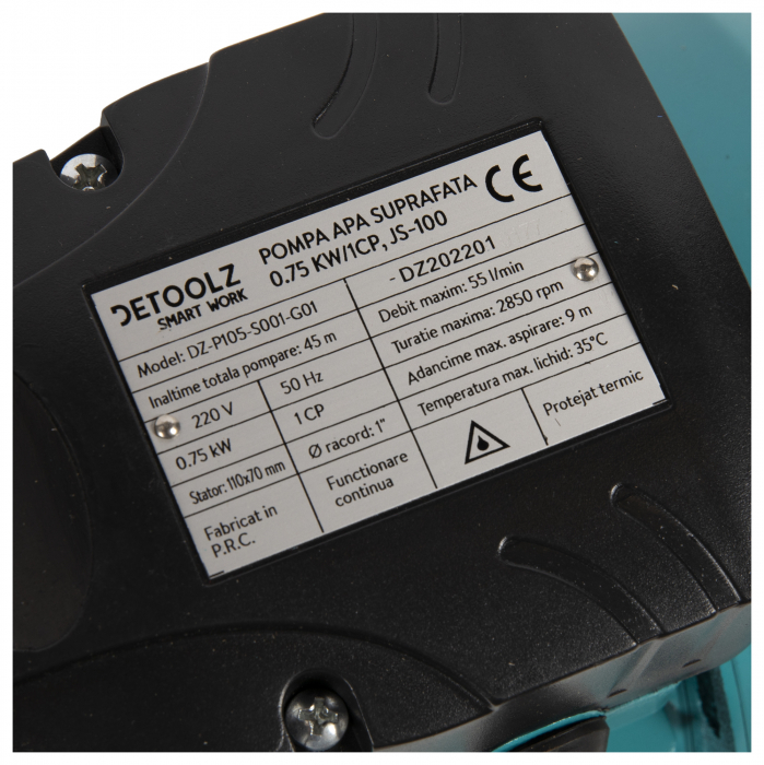 Pompa apa suprafata Detoolz 0,75kW JS 100SS, aspiratie 9 m, refulare 45 m, 3.3 mc/h [5]