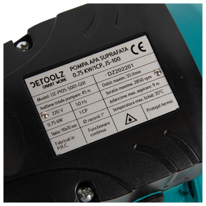 Pompa apa suprafata Detoolz 0,75kW JS 100SS, aspiratie 9 m, refulare 45 m, 3.3 mc/h + [4]