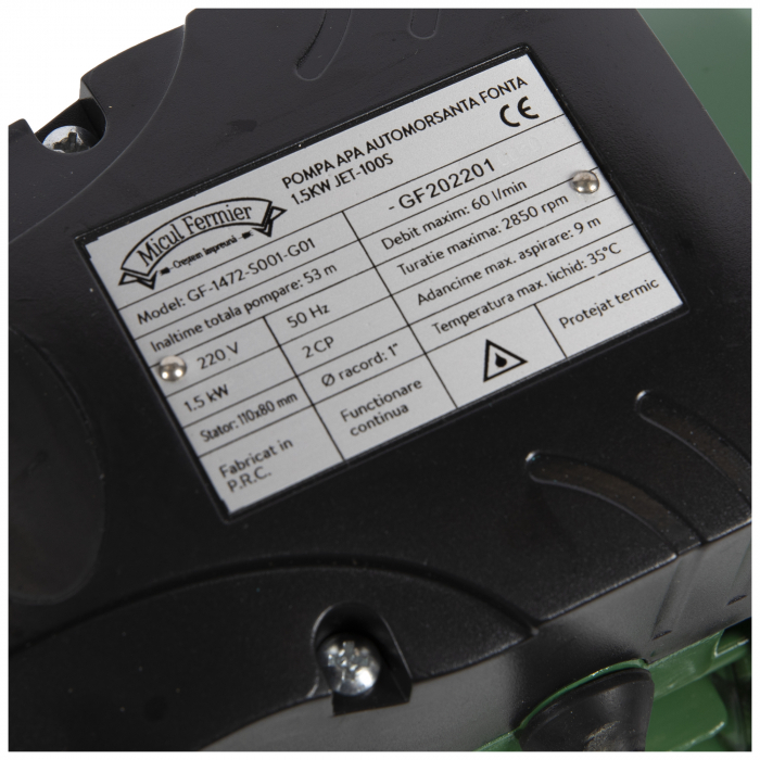 Pompa de apa autoamorsanta din fonta, 1,5kW 9/50m 3600l/h 1", aspiratie 9 m, refulare 53 m [7]