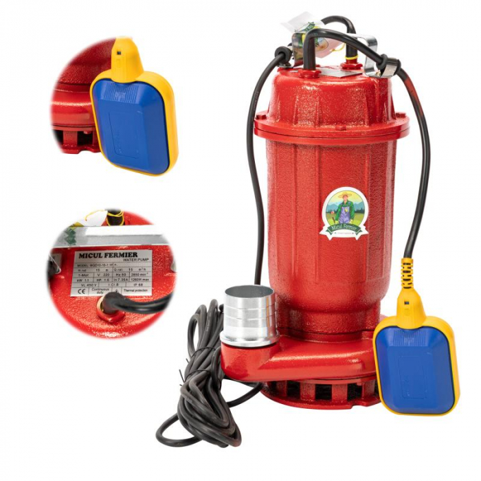 Pompa de apa murdara din fonta, rosie WQD cu plutitor 1.1 Kw, 2800 rpm, 16m 250 l/min + Furtun 20m cu capete [6]