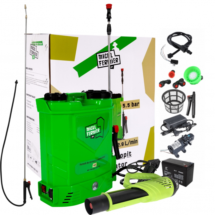 Pompa de stropit cu acumulator Micul Fermier 12 L, 12 V, 2.3 MPA + Atomizor portabil 80 W + Lance extensibila 2.8m [1]