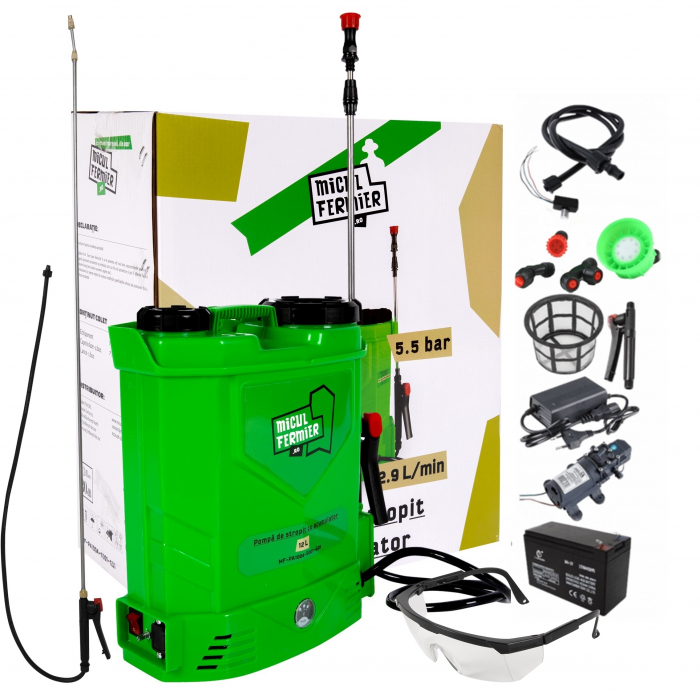 Pompa de stropit cu acumulator Micul Fermier 12 L, 12 V, 2.3 MPA + Lance extensibila 2.8 m + Ochelari protectie [1]