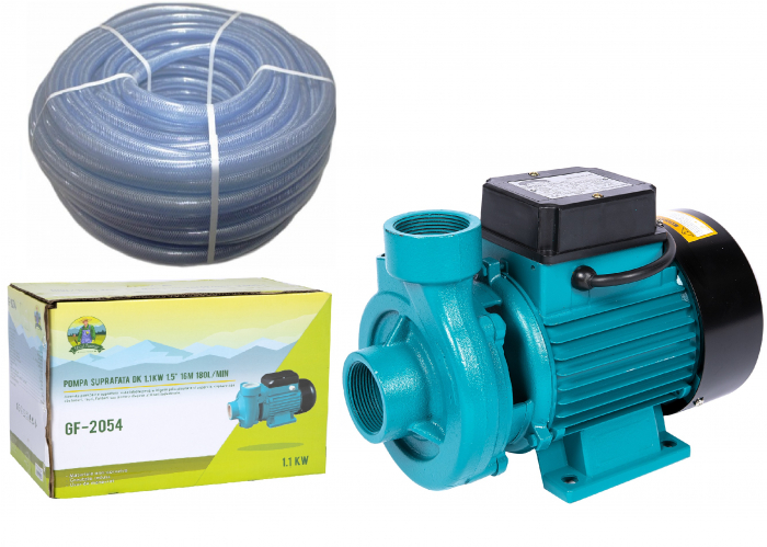 Pompa de suprafata din fonta DK 1.1KW 1.5" 16m 180l/min, 2850 rot/min, aspiratie 7 m, refulare 16 m + Furtun cu insertie 1" 50m [1]
