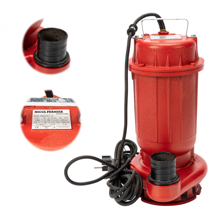 Pompa pentru apa murdara din fonta, WQD rosie 16 m, 1100W, 250 l/min + Furtun 20m cu capete [6]