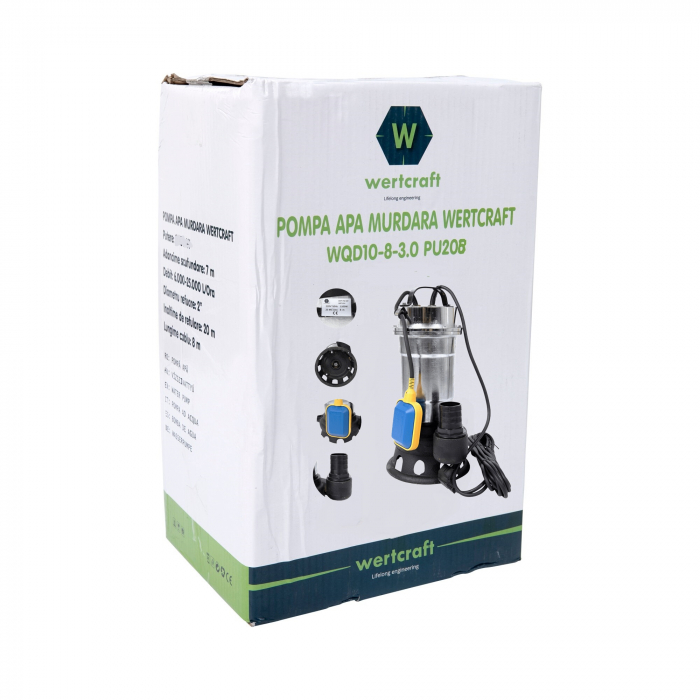 Pompa submersibila apa murdara Wertcraft Eurotec SWP-750-50F,corp inox, 2550 W, 220 V, 25 mc/h debit apa,absorbtie 14 m, 8 m cablu alimentare [4]