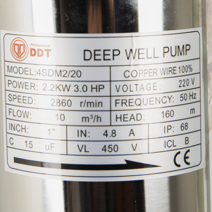 Pompa submersibila de mare adancime, DDT 20 turbine 4SDM2-20, 2200 W, 160 m inaltime, 10 mc/h, 1.5" [2]