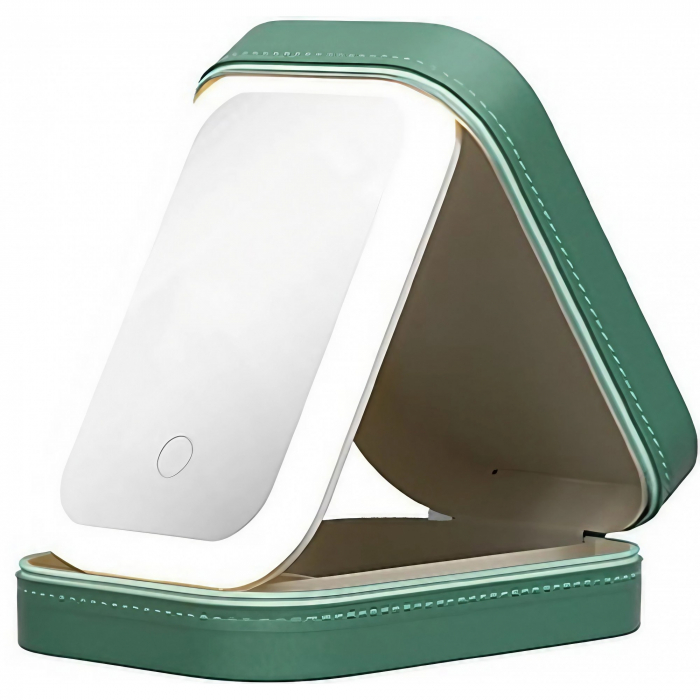 Portfard, Flippy, Geanta Cosmetice, cu Oglinda LED, 3 Moduri de Lumina, Incarcare USB, Baterie 1200 mAh, pentru Organizarea Cosmeticelor, 4 Compartimente, Imitatie Piele, Verde, 16.5x11.5x6 cm [1]
