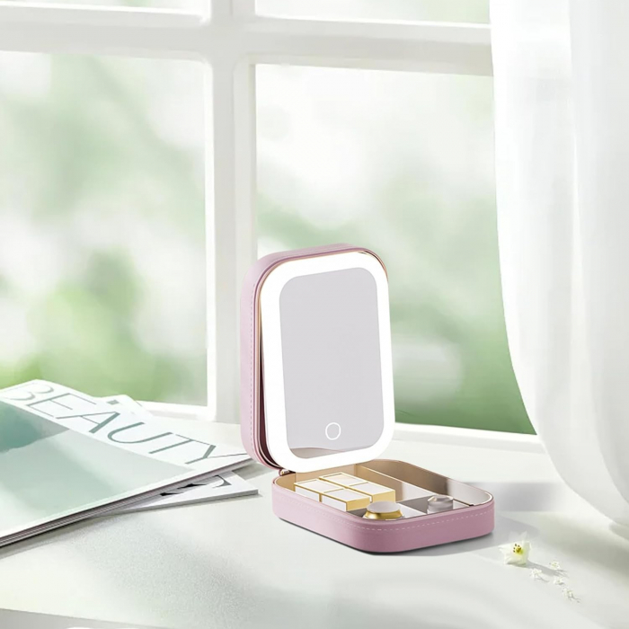 * LICHIDARE STOC * Portfard, Flippy, Geanta Cosmetice, cu Oglinda LED, 3 Moduri de Lumina, Incarcare USB, Baterie 1200 mAh, pentru Organizarea Cosmeticelor, 4 Compartimente, Imitatie Piele, Roz, 16.5x [5]