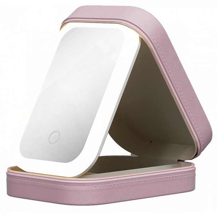 Portfard, Flippy, Geanta Cosmetice, cu Oglinda LED, 3 Moduri de Lumina, Incarcare USB, Baterie 1200 mAh, pentru Organizarea Cosmeticelor, 4 Compartimente, Imitatie Piele, Roz, 16.5x11.5x6 cm [1]