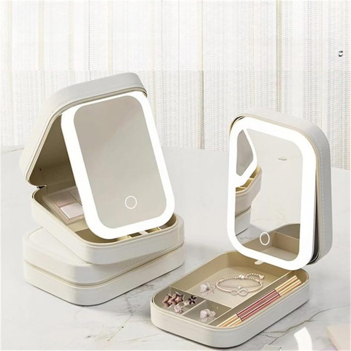 Portfard, Flippy, Geanta Cosmetice, cu Oglinda LED, 3 Moduri de Lumina, Incarcare USB, Baterie 1200 mAh, pentru Organizarea Cosmeticelor, 4 Compartimente, Imitatie Piele, Alb, 16.5x11.5x6 cm [6]