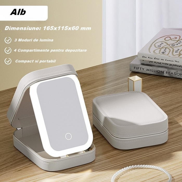 Portfard, Flippy, Geanta Cosmetice, cu Oglinda LED, 3 Moduri de Lumina, Incarcare USB, Baterie 1200 mAh, pentru Organizarea Cosmeticelor, 4 Compartimente, Imitatie Piele, Alb, 16.5x11.5x6 cm [3]