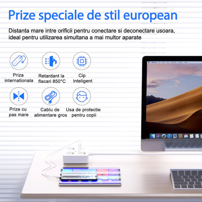 Prelungitor Multifunctional pentru Birou, Flippy, 3 Prize, 2 USB-A, 2 TYPE-C, Suport pentru Telefon, 3250W, Lungime Cablu 2 m, 11.4 x 12.4 cm, Alb [3]