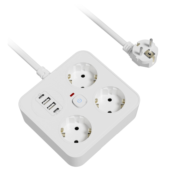 Prelungitor Multifunctional pentru Birou, Flippy, 3 Prize, 2 USB-A, 2 TYPE-C, Suport pentru Telefon, 3250W, Lungime Cablu 2 m, 11.4 x 12.4 cm, Alb [1]
