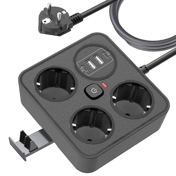 Prelungitor Multifunctional pentru Birou, Flippy, 3 Prize, 2 USB-A, 2 TYPE-C, Suport pentru Telefon, 3250W, Lungime Cablu 2 m, 11.4 x 12.4 cm, Negru [1]
