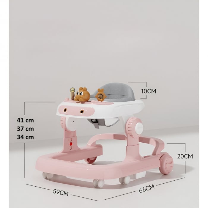 Premergator Multifunctional cu Roti Flippy, Model Iepuras, Inaltime Ajustabila, Tavita, Muzica, Lumini, 66x59x41 cm, Roz [6]