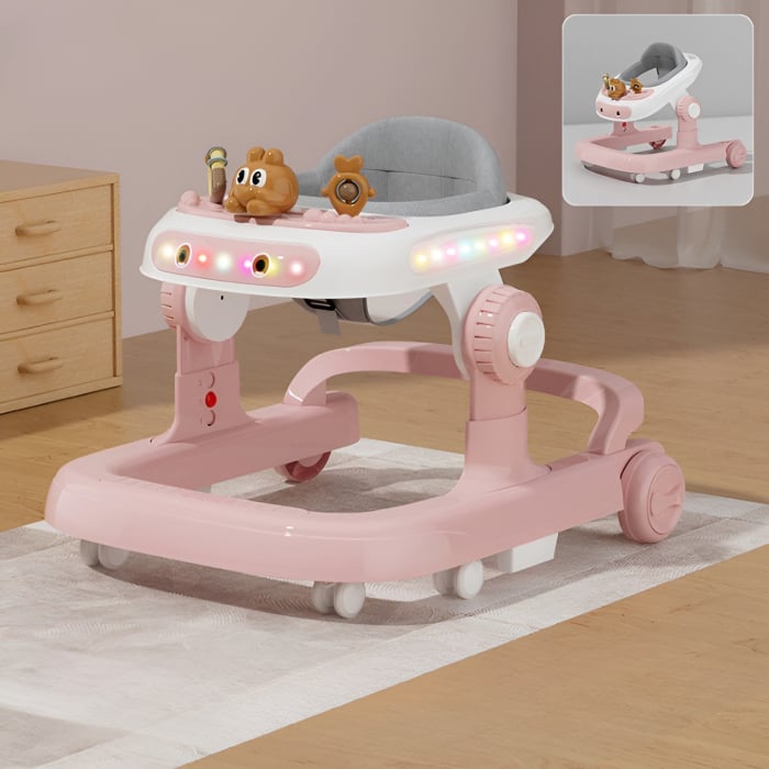 Premergator Multifunctional cu Roti Flippy, Model Iepuras, Inaltime Ajustabila, Tavita, Muzica, Lumini, 66x59x41 cm, Roz [10]