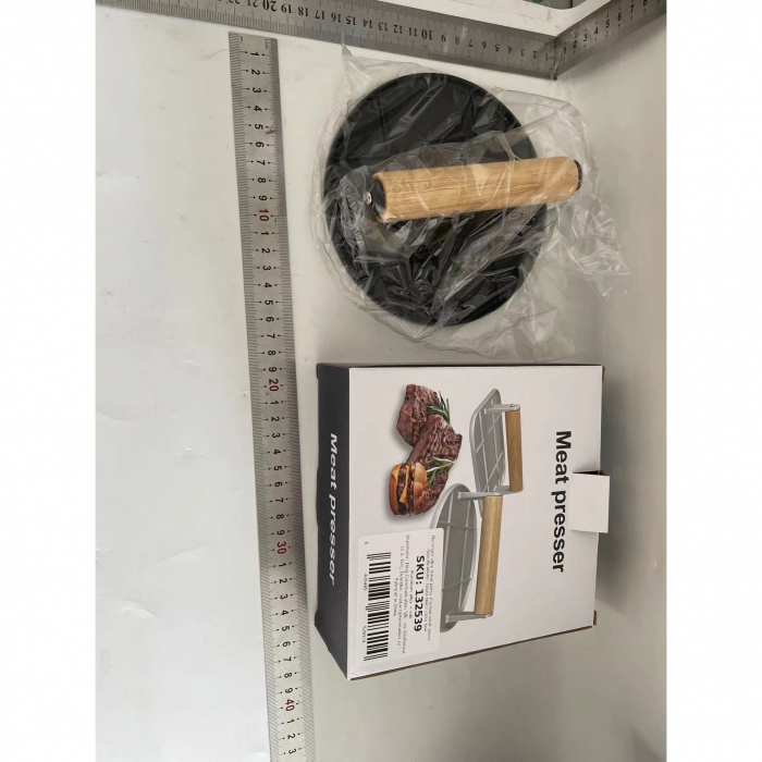 LICHIDARE Presa Manuala pentru Carne, Flippy, din Aliaj de Aluminiu, Maner din Lemn, Presa pentru Burgeri, Usor de Curatat si Folosit, Rotunda, 16x16x6 cm, Neagra [2]