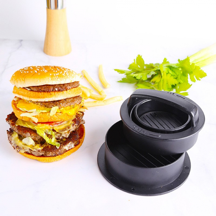 Presa dubla pentru hamburgeri 3 in 1, forma si presa, cu maner, usor de curatat si folosit, 13x13x7 cm, fara lipire, neagra [3]