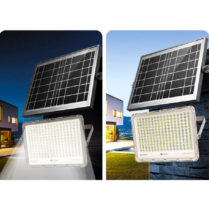 Proiector LED cu Panou Solar Flippy, Senzor de lumina Waterproof, 100W, 23x18 cm, suport U inclus, panou afisaj nivel baterie, telecomanda, 220V, Design Modern, Alb [4]