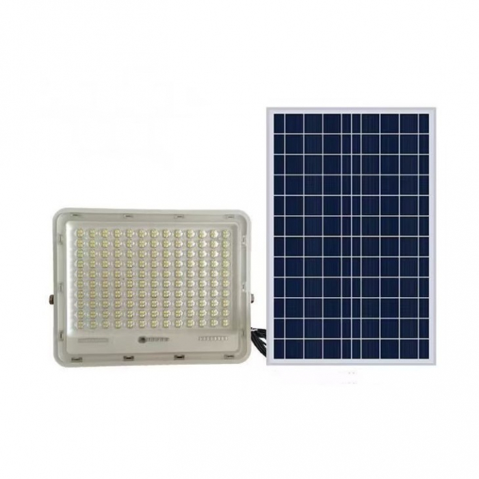 Proiector LED cu Panou Solar Flippy, Senzor de lumina Waterproof, 100W, 23x18 cm, suport U inclus, panou afisaj nivel baterie, telecomanda, 220V, Design Modern, Alb [6]