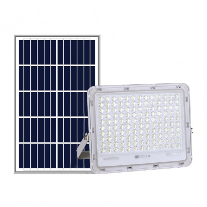 Proiector LED cu Panou Solar Flippy, Senzor de lumina Waterproof, 100W, 23x18 cm, suport U inclus, panou afisaj nivel baterie, telecomanda, 220V, Design Modern, Alb [1]