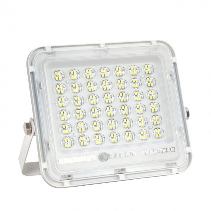 Proiector LED cu Panou Solar Flippy, Senzor de lumina Waterproof, 200W, 29x23 cm, suport U inclus, panou afisaj nivel baterie, telecomand, 220V, Design Modern, Alb [5]