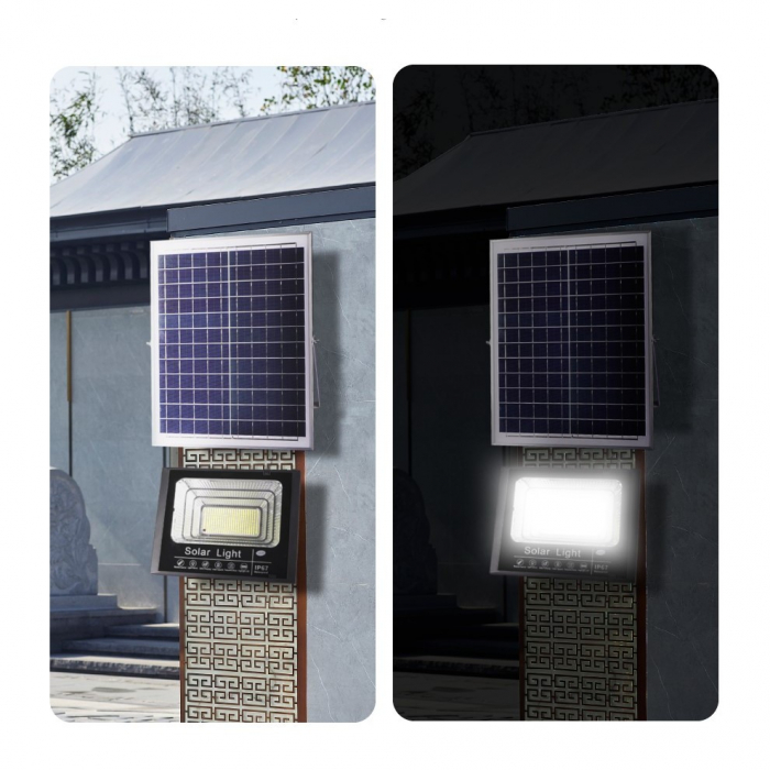 Proiector LED/Lampa solara de exterior Flippy, 22 cm x 27 cm, Rezistent la Apa IP67, cu Panou Solar, 248 LED SMD, 150 W, Senzor de lumina, Timer, cu Telecomanda, 2 moduri de iluminat, kit montaj inclu [11]