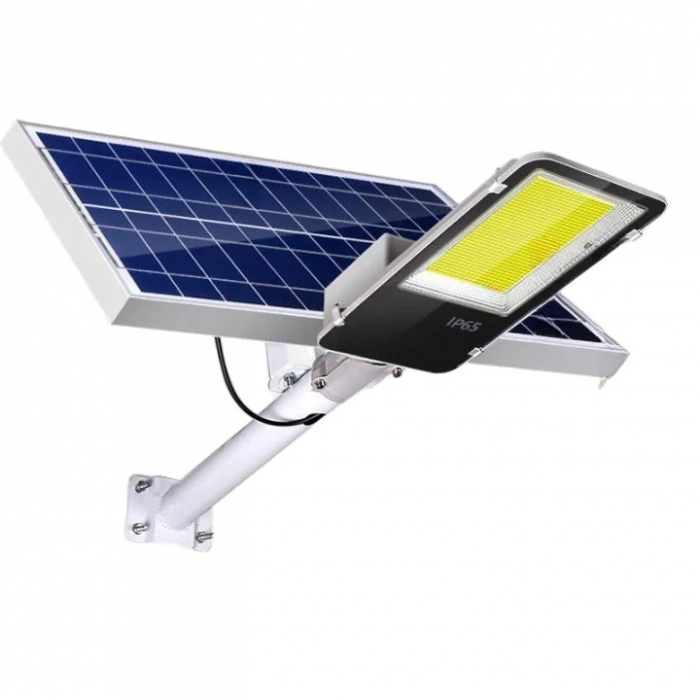 Proiector LED pentru stalp, casa, perete cu suport metalic inclus, Flippy, 38,5 cm x 14,2 cm, Rezistent la Apa IP65, cu Panou Solar, 240 COB LED, 100 W, Senzor de lumina, Timer, cu Telecomanda, intens [1]