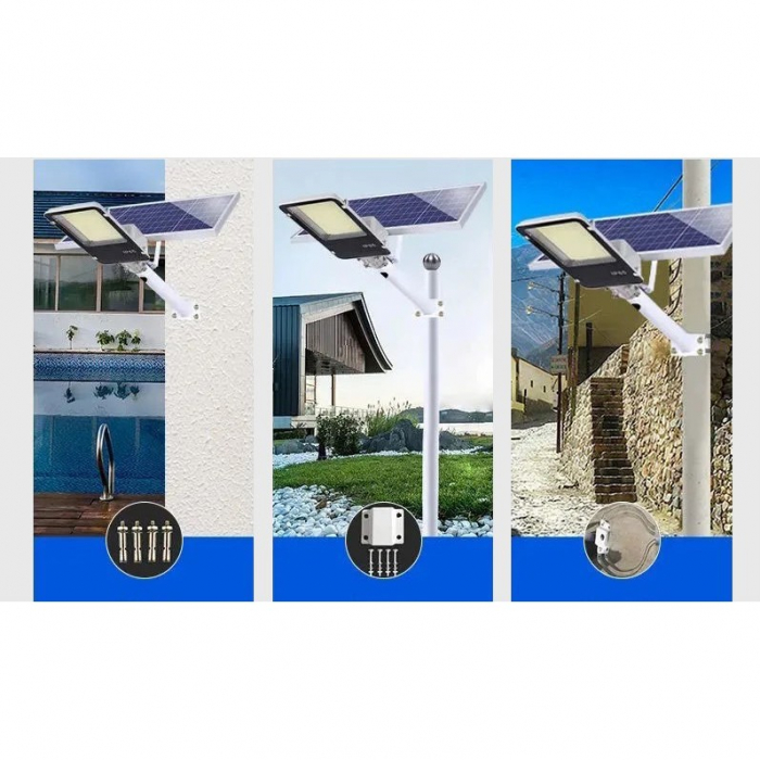 Proiector LED pentru stalp, casa, perete cu suport metalic inclus, Flippy, 38,5 cm x 14,2 cm, Rezistent la Apa IP65, cu Panou Solar, 240 COB LED, 100 W, Senzor de lumina, Timer, cu Telecomanda, intens [3]