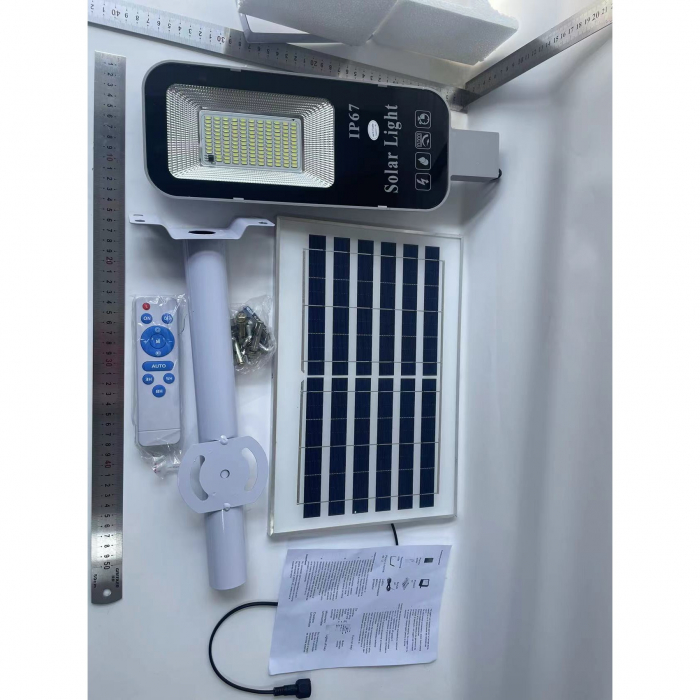 Proiector LED pentru stalp, casa, perete cu suport metalic inclus, Flippy, 38,5 cm x 14,2 cm, Rezistent la Apa IP65, cu Panou Solar, 240 COB LED, 100 W, Senzor de lumina, Timer, cu Telecomanda, intens [7]