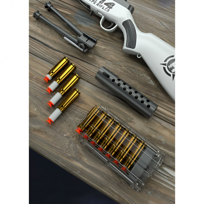 Pusca de Jucarie M14 Ultrarealista, Flippy, Manuala, cu Luneta, 20 de Proiectile din Spuma Moale, 5 Cartuse, 100 cm, 8 ani+, Gri [5]
