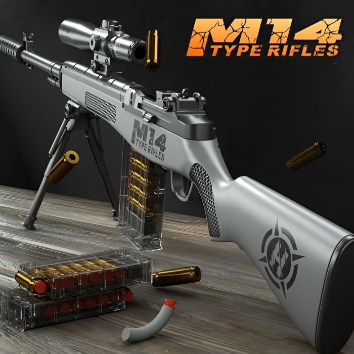 Pusca de Jucarie M14 Ultrarealista, Flippy, Manuala, cu Luneta, 20 de Proiectile din Spuma Moale, 5 Cartuse, 100 cm, 8 ani+, Gri [10]