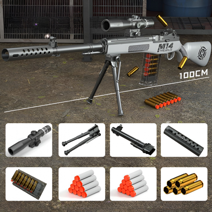 Pusca de Jucarie M14 Ultrarealista, Flippy, Manuala, cu Luneta, 20 de Proiectile din Spuma Moale, 5 Cartuse, 100 cm, 8 ani+, Gri [9]