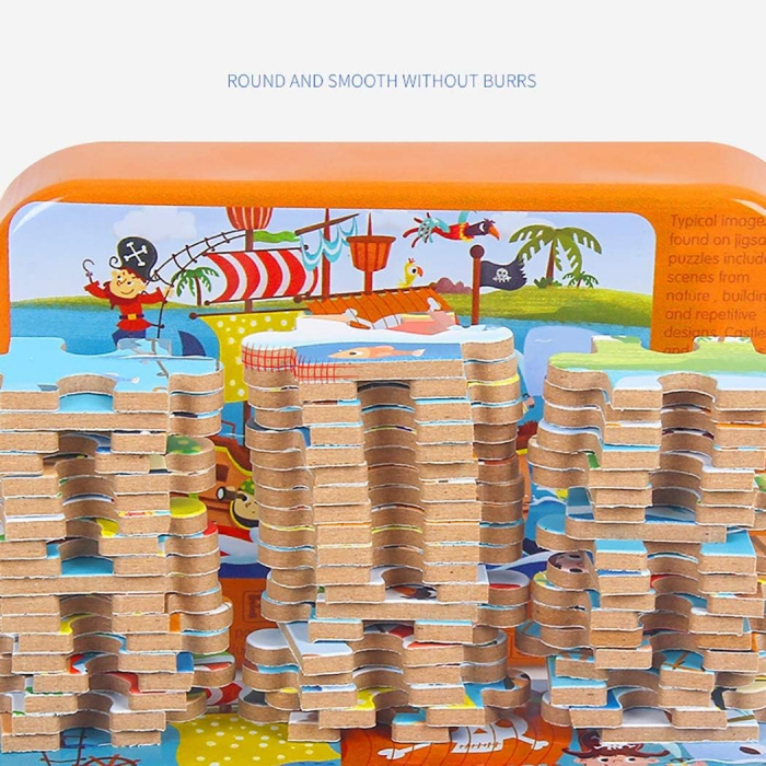 Puzzle 60 de Piese din Lemn in Cutie Metalica, Flippy, Model Cei Trei Purcelusi, Educativ, Dezvoltare Abilitati Cognitive, pentru Prescolari, 22.5x13.5 cm, Multicolor [5]