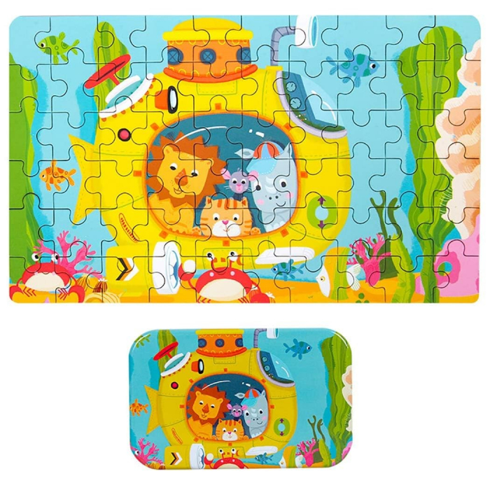 Puzzle 60 de Piese din Lemn in Cutie Metalica, Flippy, Model Submarin, Educativ, Dezvoltare Abilitati Cognitive, pentru Prescolari, 22.5x13.5 cm, Multicolor [1]