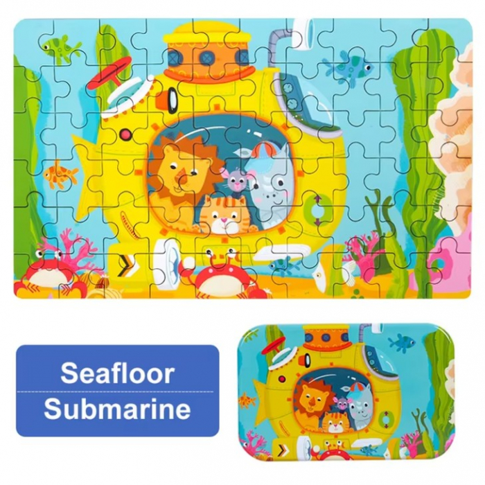 Puzzle 60 de Piese din Lemn in Cutie Metalica, Flippy, Model Submarin, Educativ, Dezvoltare Abilitati Cognitive, pentru Prescolari, 22.5x13.5 cm, Multicolor [8]