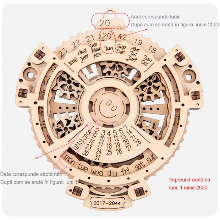 Puzzle Calendar 3D, Mechanical Gear Model Asamblat, 2017-2044, 21 Piese, Lemn [2]