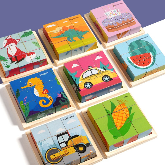 Puzzle din Lemn, Flippy, 9 Cuburi, 6 Fete, 4-6 Ani, 11 x 11 x 3.2 cm, Model Utilaje, Multicolor [2]