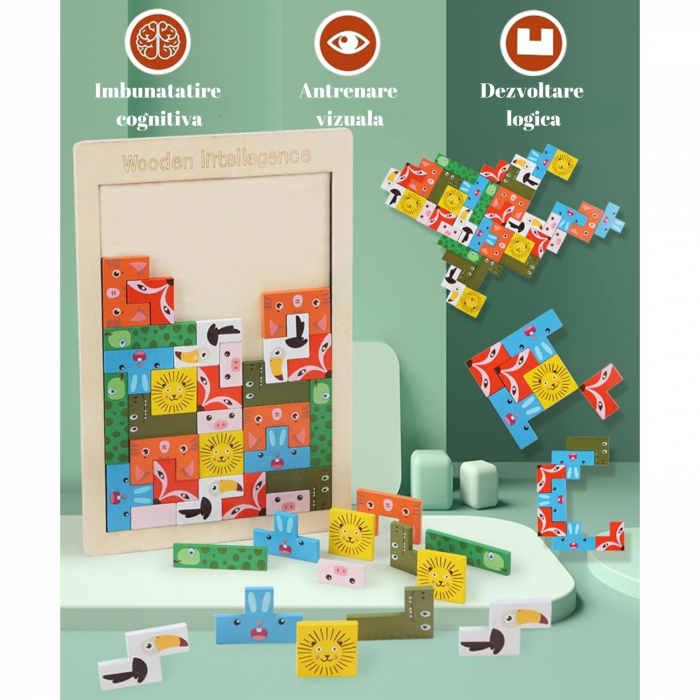 Puzzle din Lemn Flippy, Tip Tetris, +4 Ani, cu Animale Colorate 3D, 40 Piese, Multicolor [7]