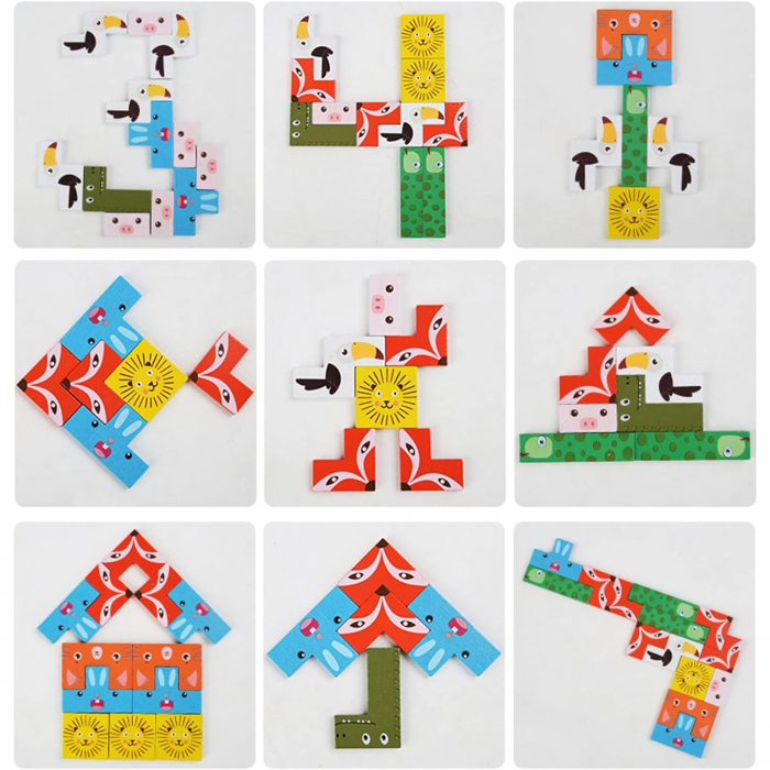 Puzzle din Lemn Flippy, Tip Tetris, +4 Ani, cu Animale Colorate 3D, 40 Piese, Multicolor [2]