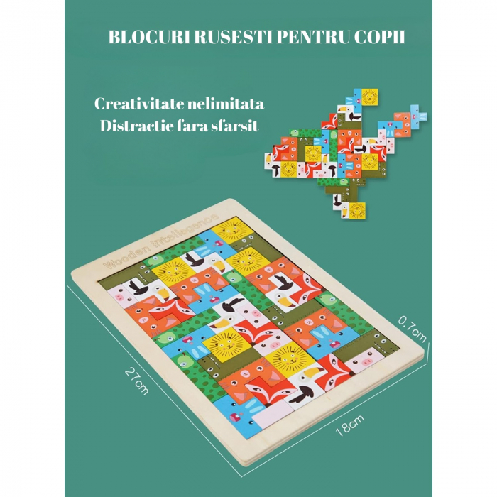 Puzzle din Lemn Flippy, Tip Tetris, +4 Ani, cu Animale Colorate 3D, 40 Piese, Multicolor [5]