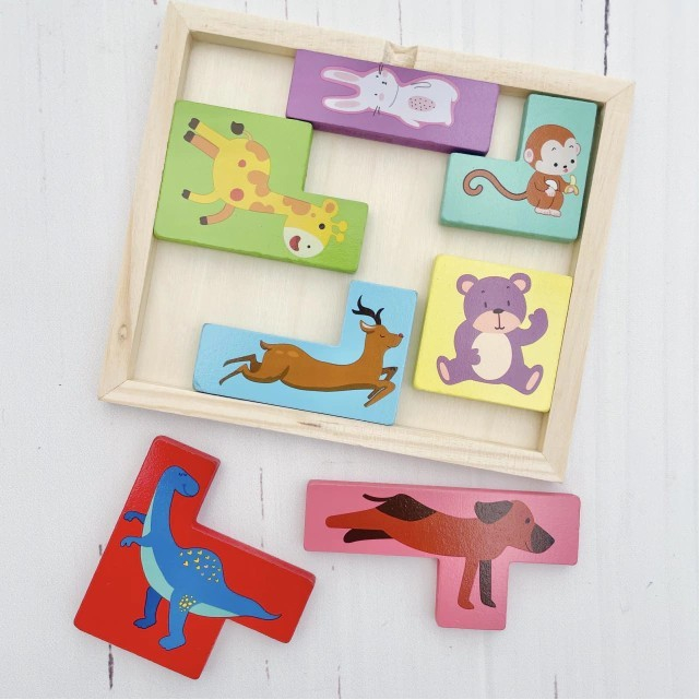 Puzzle din Lemn Flippy, Tip Tetris, +4 Ani, cu Animale Colorate 3D, 7 Piese, Multicolor [2]