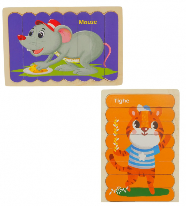 Puzzle educativ din lemn cu 2 fete, Soricel si Tigru, 22 x 14 cm, 8 piese, denumire lb. engleza [1]
